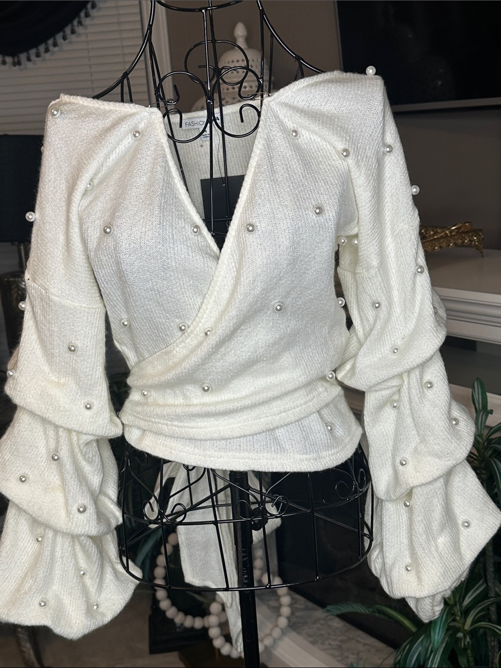 Fashion Nova Ivory Pearl-Embellished Wrap Sweater